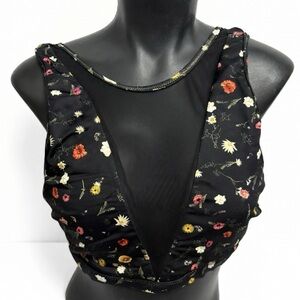 Simons Black Floral Mesh-Panel Bikini Top